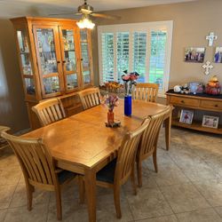 Solid Pine Wood Dining Table, Chairs & Hutch