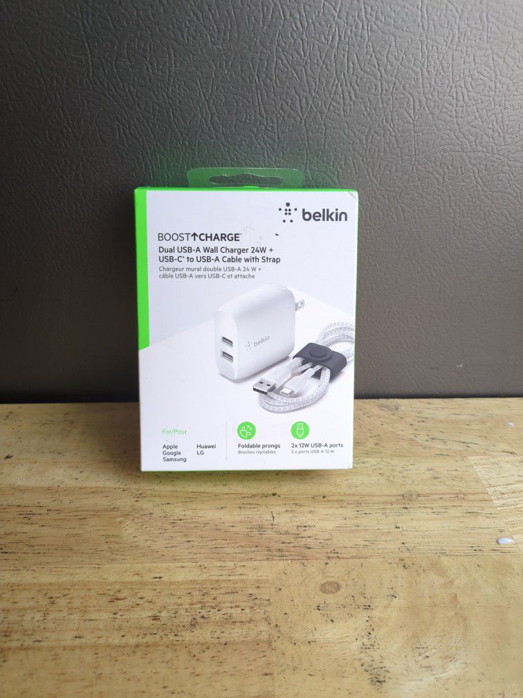 belkin. Dual USB-A Wall Charger 24W + USB-C to USB-A Cable with Strap 