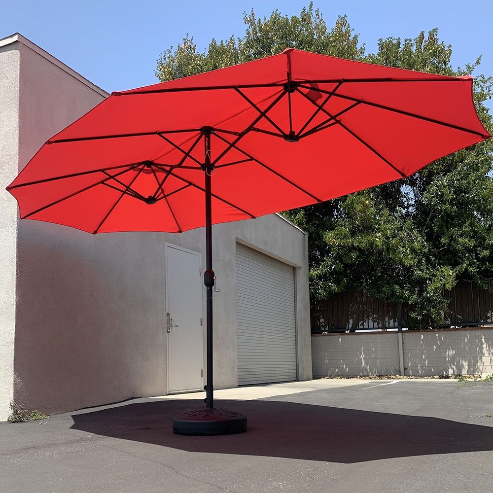 $130 (New) Large 15ft double sided outdoor umbrella w/ 65 lbs plastic weight base (red/gray)