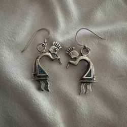 Vintage Kokopelli Sterling Silver Turquoise Dangle Hook Earrings, Marked