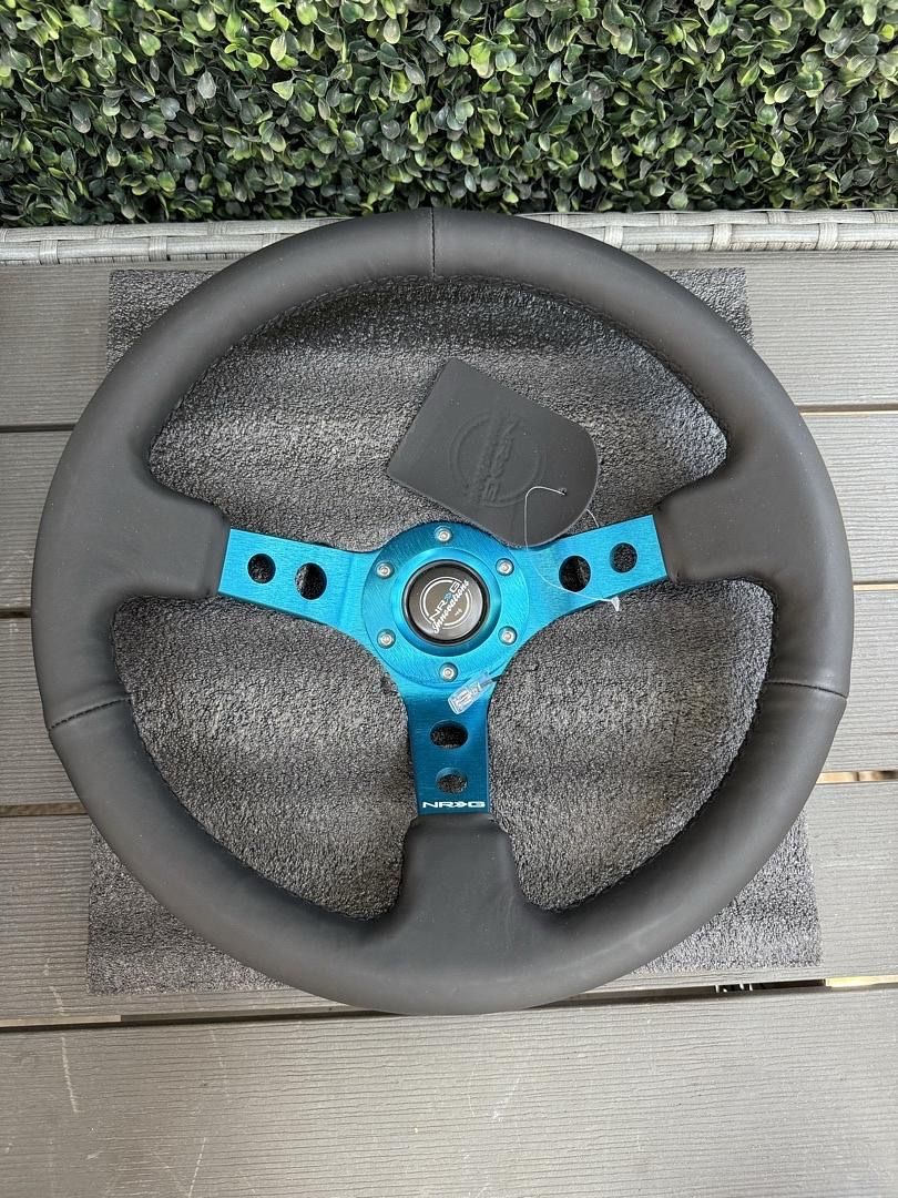 NRG Reinforced Steering Wheel - 350mm Sport Steering Wheel (3" Deep) - Blue Spoke w/Round holes/Black Leather