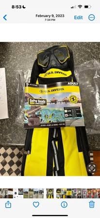 New - Dive set by U.S. Divers. The Mask has Go Pro Camera mount . Yellow and Black. Size L/XL.