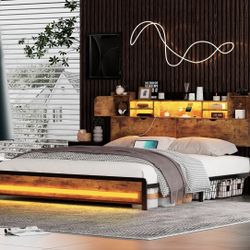 New in box/King size Bed Frame with Charging Station(Type-C & USB ports), Adjustable RGB LED light, 3 tier storage headboard with hidden storage space