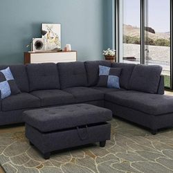 New Charcoal Grey Linen Sectional with Storage Ottoman