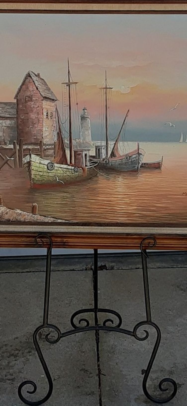 Large Vintage Original Signed Max Savy Oil On Canvas Harbor Scene Ocean Sea Nautical Wood Framed
