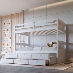 BB41 Twin/Twin Bunk Bed With Twin Trundle And 3 Drawers White