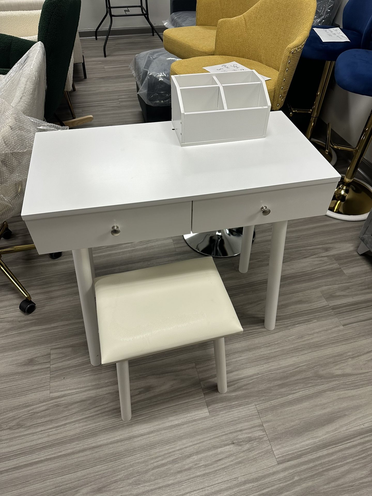 White Vanity 2 Drawer Desk With Stool And Organizer Mirror Not Included 