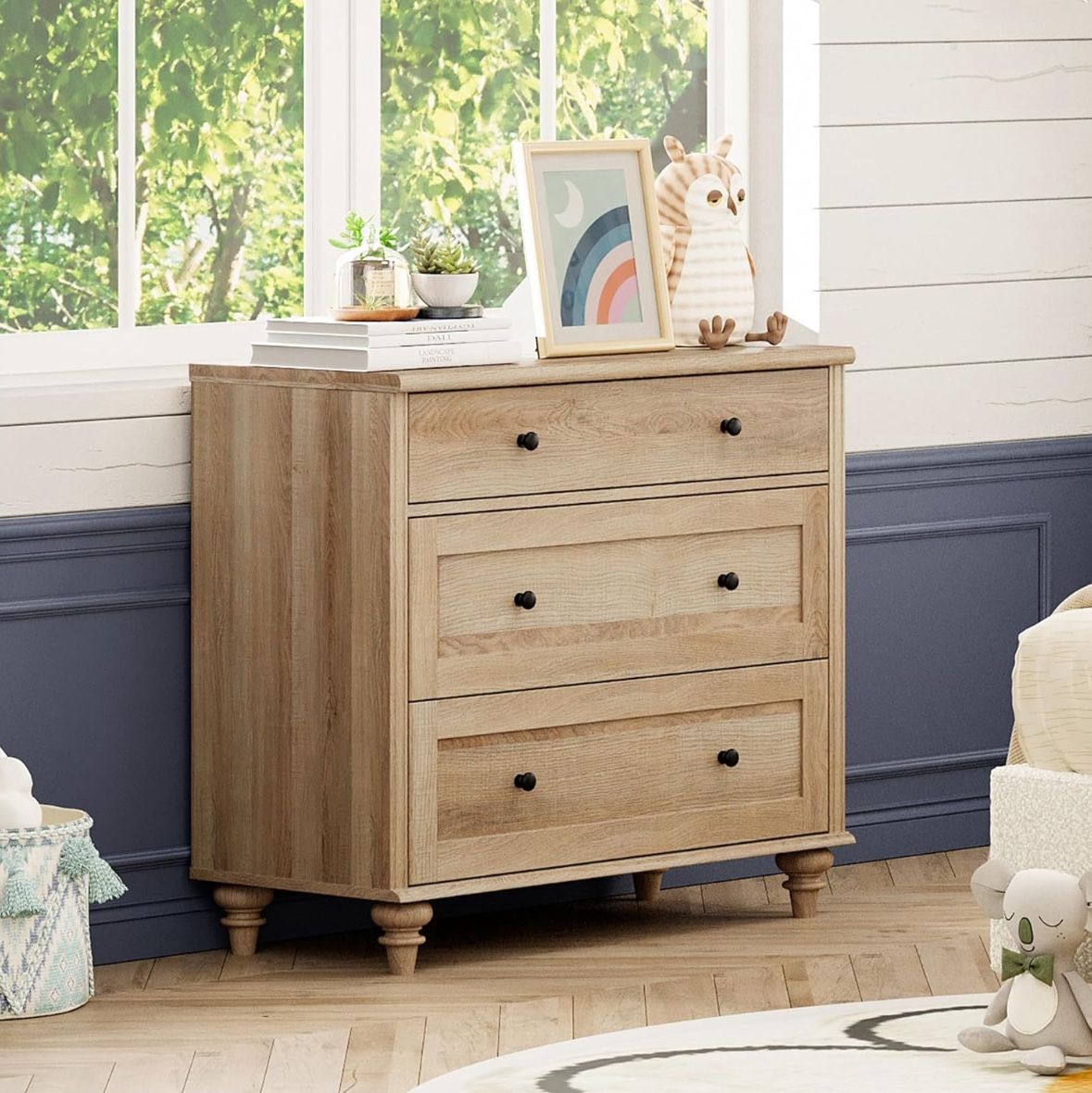 WAMPAT Baby Dresser for Bedroom with 3 Drawers, Oak Kids Dressers with Wide Chest of Drawers, Mid Century Modern Wooden Closet Storage Organizer, Smal