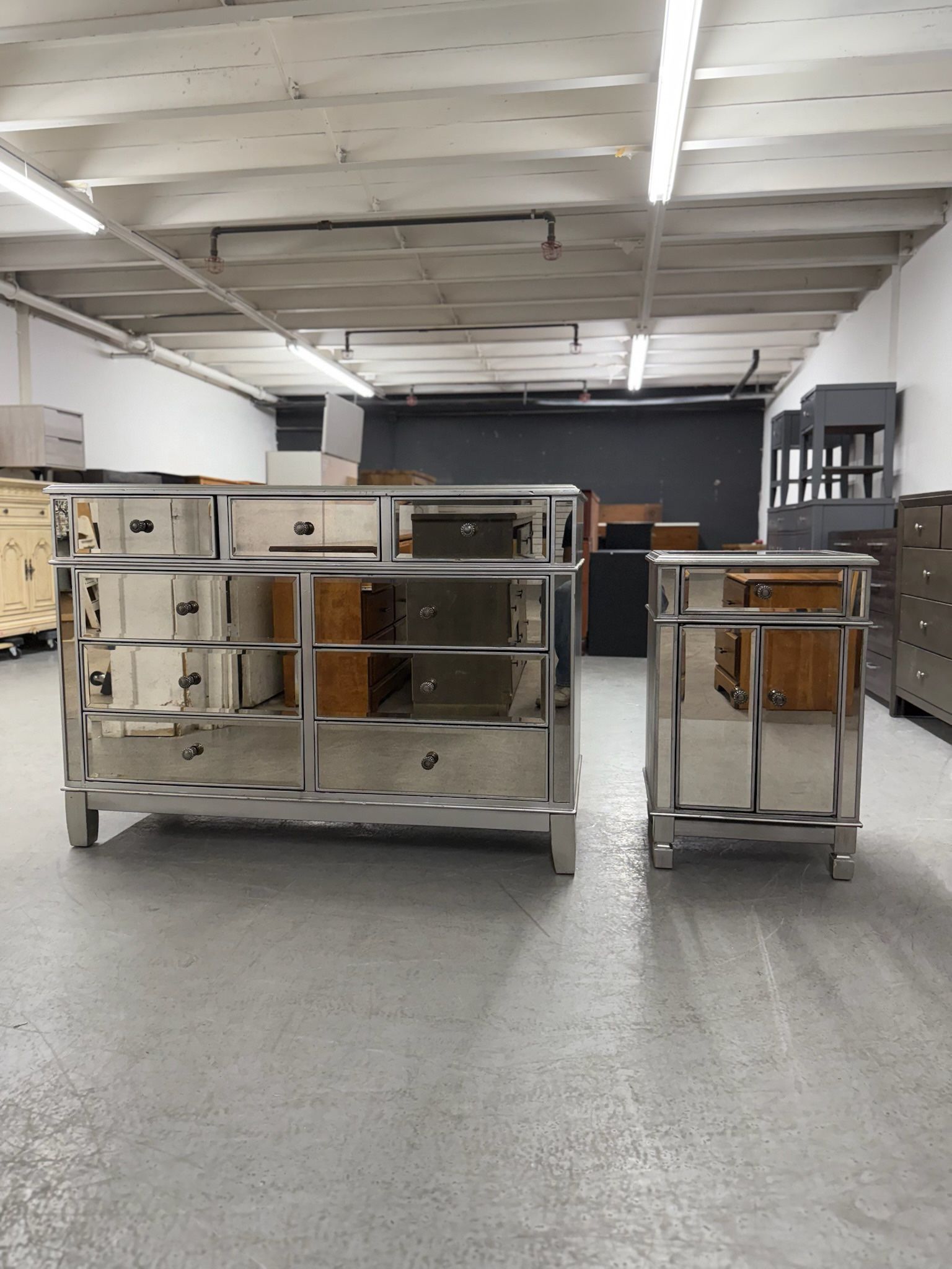 Mirrored 9 Drawer Dresser & 1 Matching Nightstand