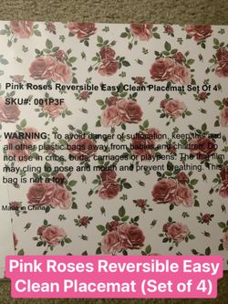 12”x18” Pink Roses Reversible Easy Clean Placemats (Set Of 4)