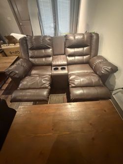 Brown Leather Reclining Loveseat with Console