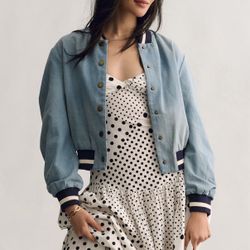 Anthropologie DOLAN Ruched-Sleeve Denim Varsity Bomber Jacket M