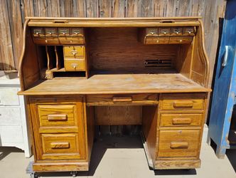 Vintage Large Wood Oak Roll Rop Desk