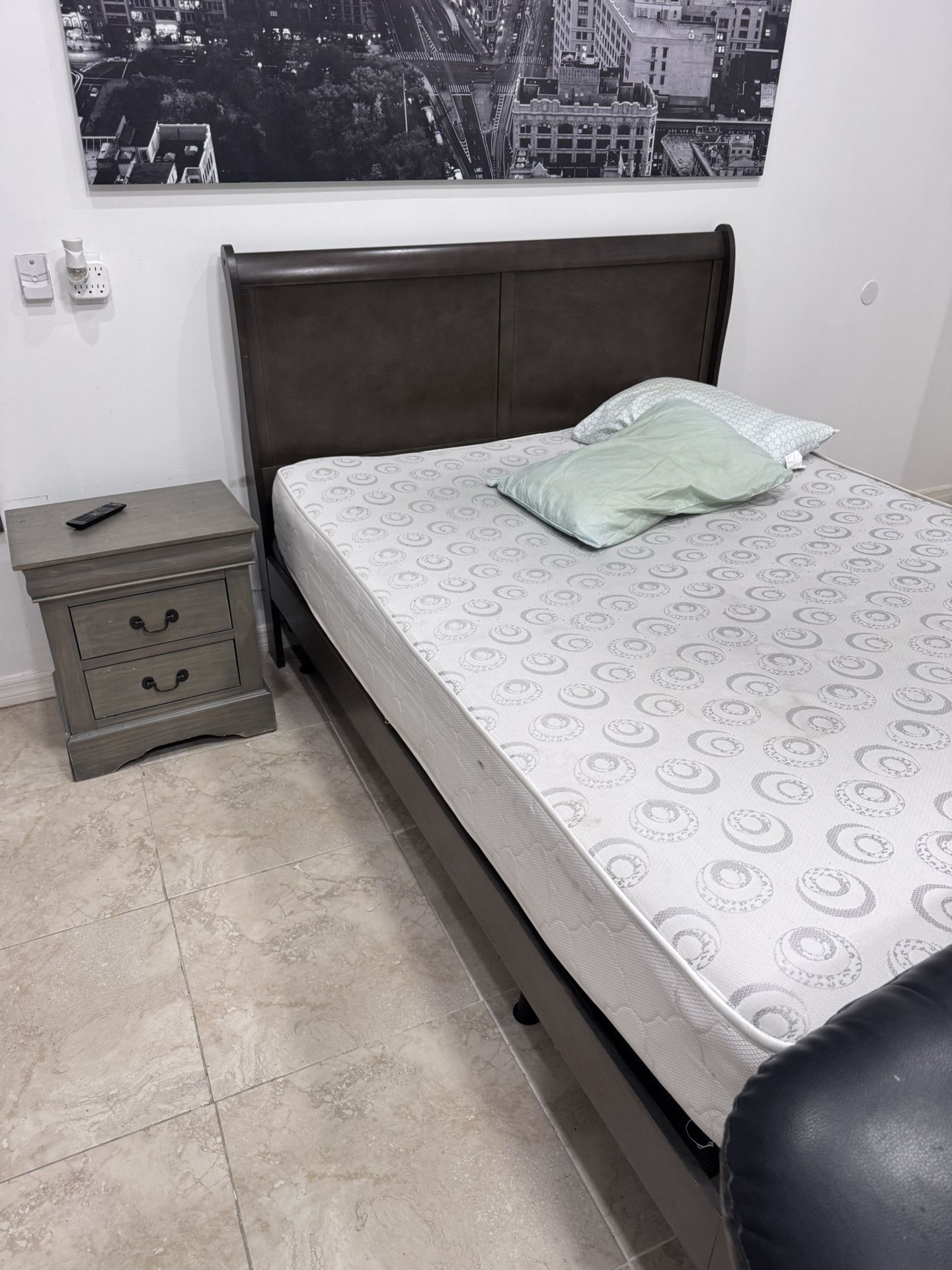 Queen Bed Frame + Mattress + Night Stand And Box Spring
