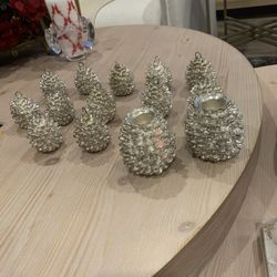 12 Department 56 Silver Plate  Acorn Place Holders And 2 Candle Holders