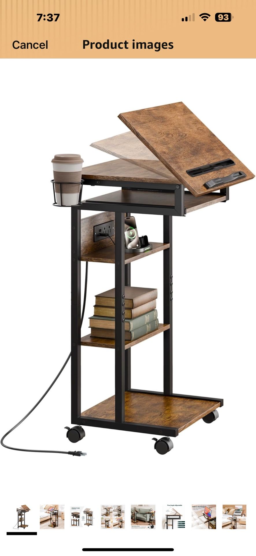 ZIFTY Couch Table with Charging Station and Storage Shelves 360°Swivel End Table with Shelves and Wheels C Shaped End Table for Laptops Tv Tray Side T