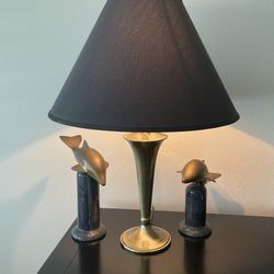 Elegant Brass Table Lamp with Black Shade with 2 Dolphin Pieces