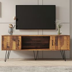 Brown TV Stand for 65 inch TV, Modern Industrial Television Stands TV Cabinet Console Table with 2 Doors Storage, Living Room TV Table Stand Buffet Ca