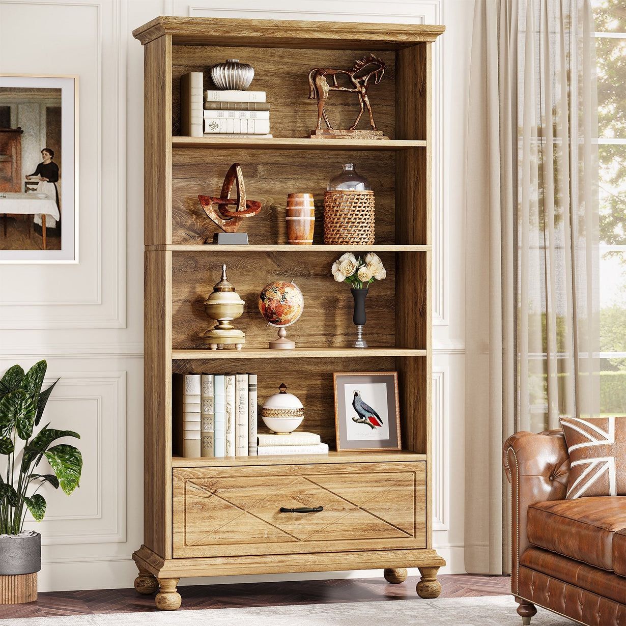 New in the box Tribesigns Oak Particleboard 4-Shelf Bookcase (33.46-in W x 70.87-in H x 13.78-in D) (750)