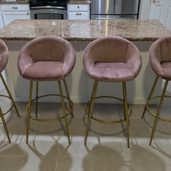 Modern Velvet Bar Stools (Set of 4) – Gold Base / Blush Pink