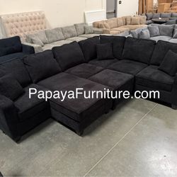 New! REVERSIBLE Large Sectional Sofa And Ottoman, Reversible Chaise Couch, Sectional, U-shaped Sofa, Sectionals Sofas, Couch,Blac