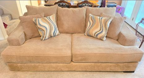 Oversized Tan Textured Fabric Sofa and Loveseat Set