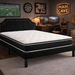 Full Bed Frame & 10 Inch Hybrid Mattress Set – Black Upholstered Style