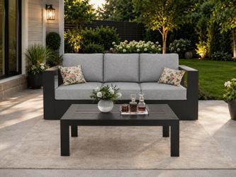 Oversized Aluminum Outdoor Patio Sofa with 6-inch Cushions and 3 inch Modern Aluminum Outdoor Rectangle Coffee Table