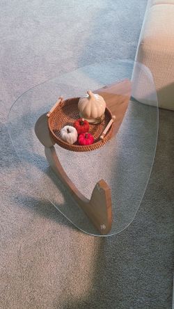 Modern Coffee Table for Living Room, with Triangle Tempered Glass & Wood Legs