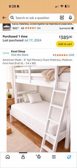 6” gel memory foam Full XL mattress