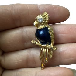 Vintage 2" Gold Colored Parrot Brooch with Blue Rhinestone