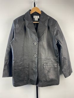 Vtg 90s Bagatelle Black Leather Blazer Jacket Womens 12P Petite 3-Button Coat