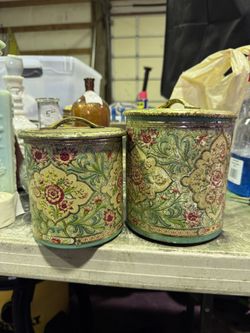 Vintage Multi Colored Floral Tin Canisters with Lids Made in Holland