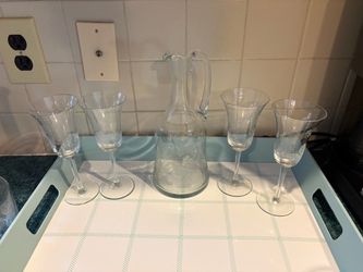 Vintage Etched Wine Carafe With 4 Glasses-One Has Small Chip