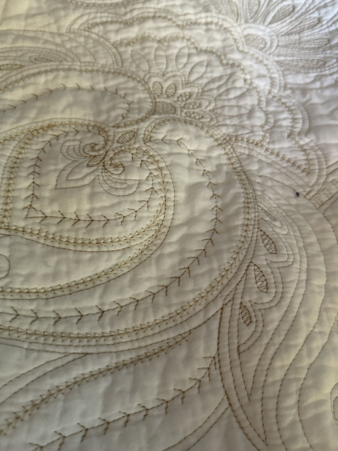 Quilted  King Size Shams White With Tan PaisleyStitching & Ties In Back Tan Trim
