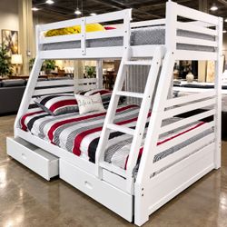 White Wood Twin over Full Bunk Bed with Drawers