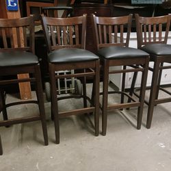 Set of 4 Wood / Black Leather Bar Height Chairs