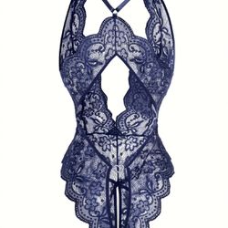 Sultry Floral Lace Plunging Teddy, Scallop Trim Backless Open Crotch Bodysuit, Women's Sexy Lingerie & Underwear - Bodystocking Stocking