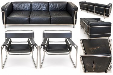 Wassily-Style Black Leather & Chrome Sofa + 2 Matching Chair