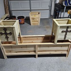 Rustic Treated Wood Planters with Ornamental Cross Inlay