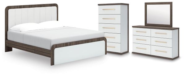Kendanport White/Brown King Upholstered Bed, Dresser, Mirror and Chest