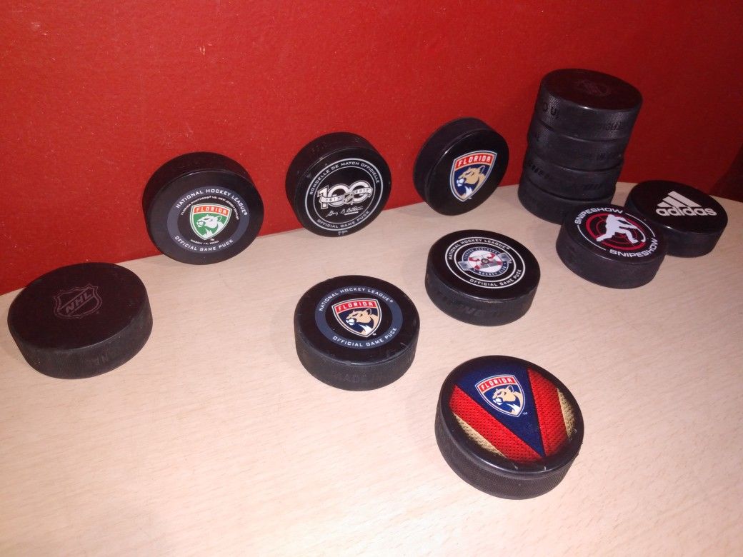 Florida Panthers Game used NHL Hockey Puck Collection, Luongo Practice Puck, St Pattys, 25th Year and more