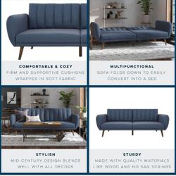 Blue Mid-Century Convertible Sofa Futon