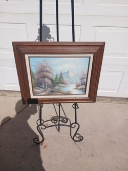 Small vintage framed snow cap mountain forest stream oil on canvas landscape signed R. Wood