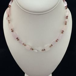 Sterling Silver ~9MM Wide Beaded Rose Quartz, Glass, & Garnet Necklace 16" 
