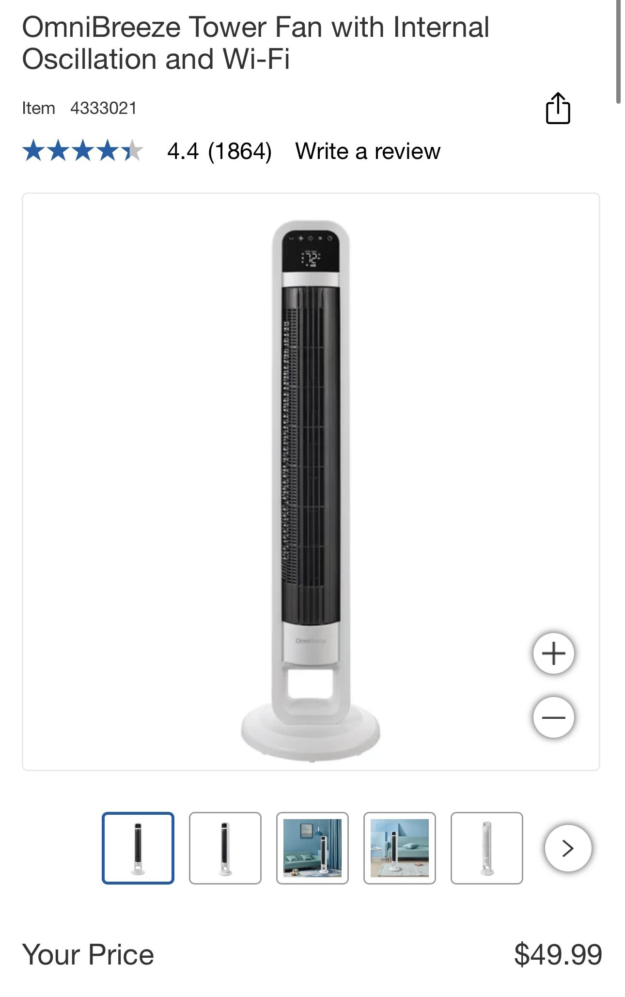 OmniBreeze Tower Fan with Internal Oscillation and Wi-Fi