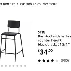 Bar stool with backrest, counter height black/black, 24 3/4 “