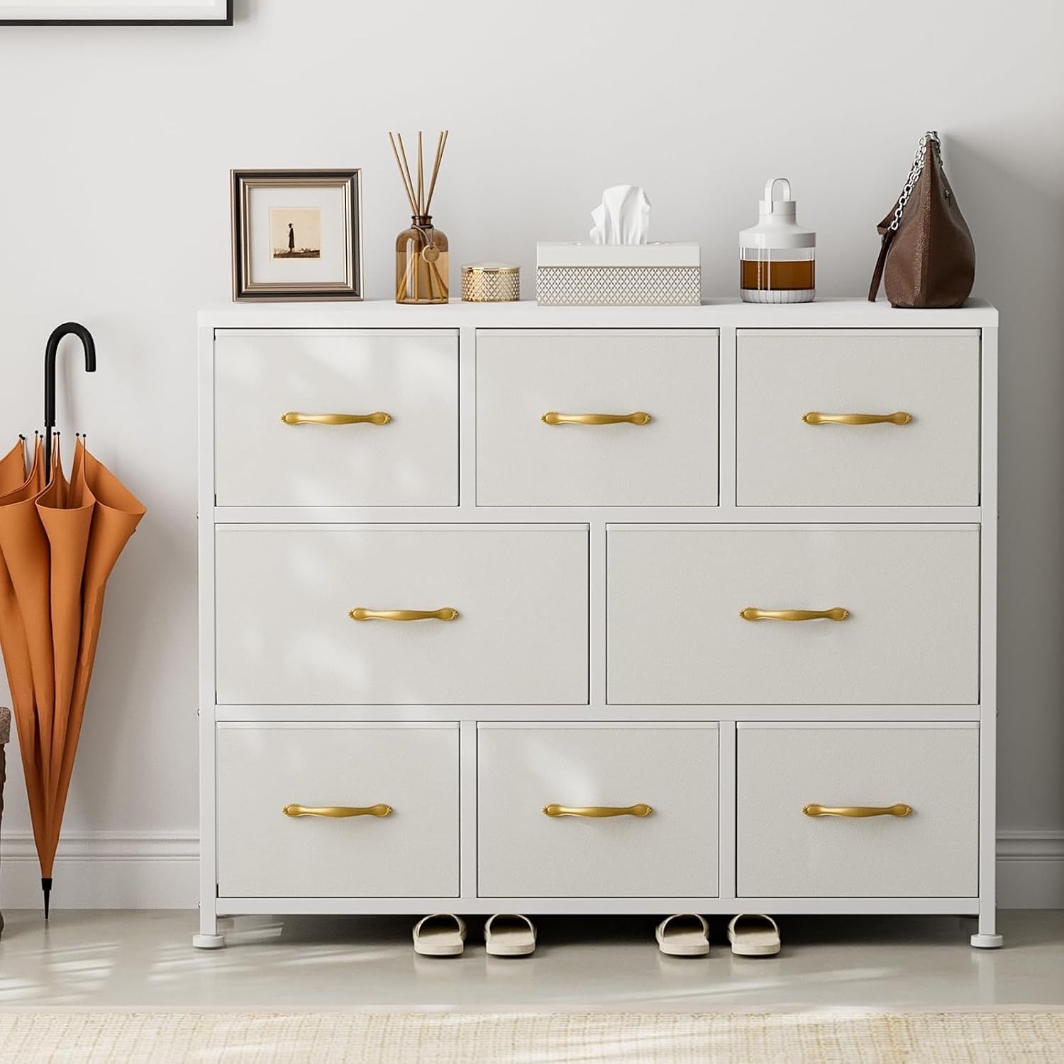 8 Drawers Dresser, Large Fabric Dressers & Chest of Drawers with Sturdy Metal Frame, Wood Top, White