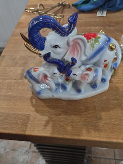 Porcelain TRIO ELEPHANTS Hand Painted