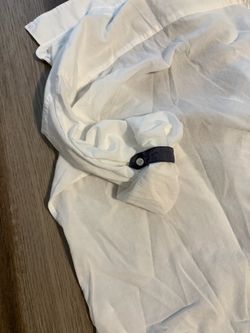 White Button-Up Shirt with Navy Cuff Tab